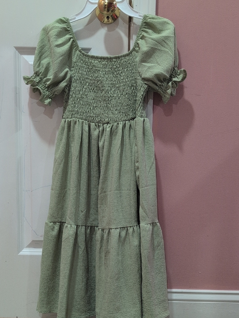Girls' Sage Green Smocked Puff-Sleeve Dress